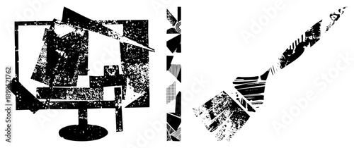 Fragmented black and white vector forms with distressed texture, halftone shading, and angular composition, ideal for graphic design or digital art.
