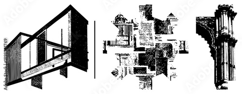 Vector illustration of three architectural fragments modern balcony, ancient temple ruins, ornate Gothic column rendered in halftone dot and stark black.