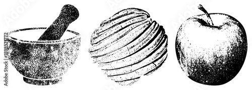 Traditional natural healing tools and ingredients, herbal mortar pestle, honeycomb structure, fresh fruit, rustic medicine, folk remedy, wellness.