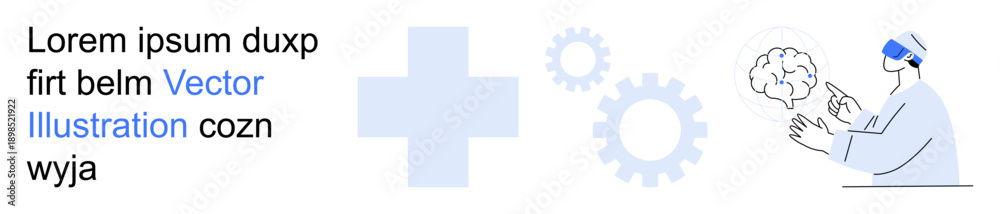 Obraz premium Healthcare technology, medical innovation, brain analysis, virtual reality, neuroscience, future of medicine. Doctor in VR headset analyzing brain with medical icons. Healthcare technology