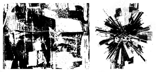 Dynamic abstract art with splattered ink and fractured forms, high contrast, expressive gestural strokes, graphic texture, visual impact.