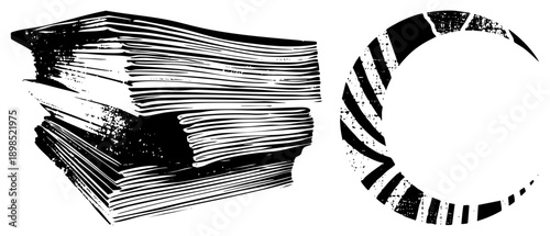 Stacked paper documents with textured, broken circular graphic, halftone style, vector illustration, black and white, isolated design elements.