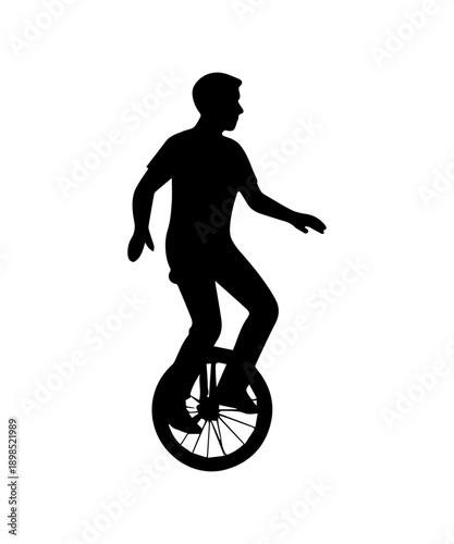 Man riding unicycle silhouette balancing and performing