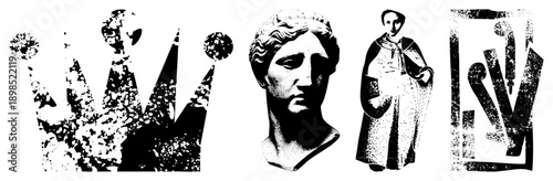 Classic halftone print style featuring crown, classical bust, robed monk, and abstract glyph symbols. vector art with grainy texture, ideal for retro branding or graphic design.