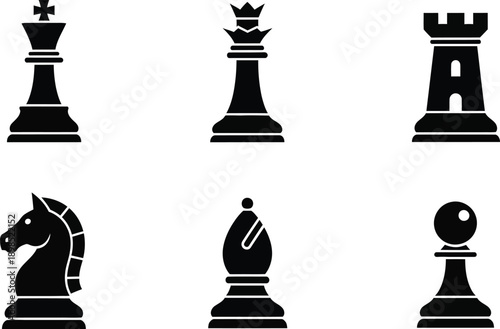 Chess pieces in silhouette. Standard chess game start with King, Queen, Rook, Bishop, Knight, and Pawn. 