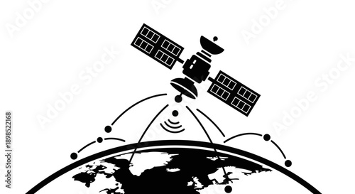 Satellite orbiting Earth with signal waves transmitting globally
