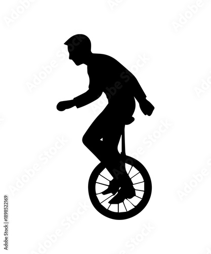 Man silhouette riding a unicycle, portraying balance, skill, and performance