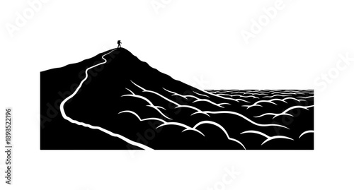 Minimalist Mountain Silhouette with Path and Clouds Vector Art
