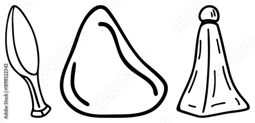 Spoon, steak, and bell pepper drawn with clean, culinary tools, food illustration, cooking essentials, vector sketch, kitchenware, food prep.