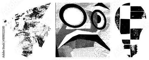 Stylized facial forms rendered with halftone dots and bold, abstract expressionism, graphic design elements, vector art.