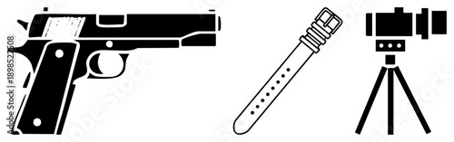 Black and white vector handgun, wrist strap, camera on. Minimalist style, isolated symbols for UI or graphic design.