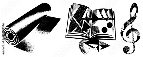 Graphic representing music note, open book, and film reel rendered in halftone, artistic vector design, black and white illustration, creative symbols.