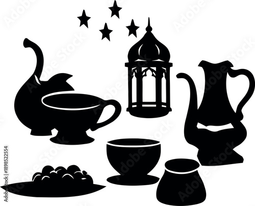 Turkish coffee and tea set vector illustration featuring cups, teapot, mugs, and vintage cafe drink elements