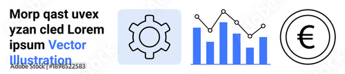 Gear for settings, bar and line graphs for analytics, Euro currency icon for finance representation. Ideal for data analysis, business strategy, finance, technology, economy, accounting simple