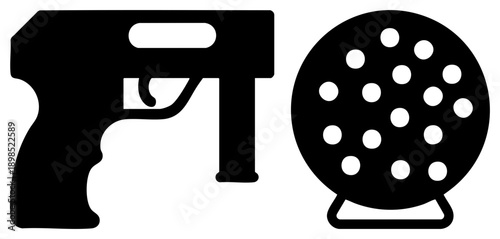 Black silhouette of handgun and perforated film reel, vector for cinema, action, or industries, minimalist design, isolated foreground.