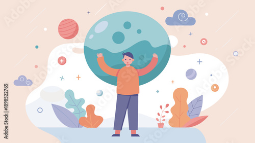 A person holding a globe surrounded by leaves and planets in a soft vector illustration