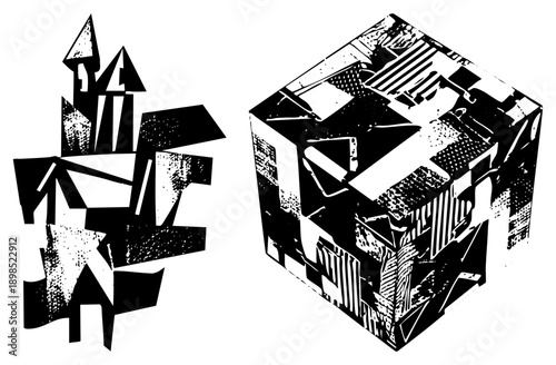 Stylized abstract shapes with halftone textures and sharp angles, vector graphic composition, modern art design, graphic illustration, geometric abstraction.