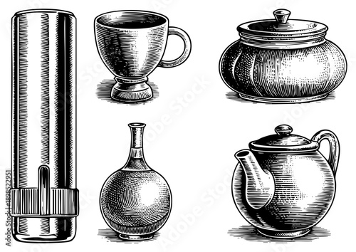 Antique style ceramic mug, lidded jar, teapot, glass bottle, and cylindrical container rendered in detailed halftone engraving, classic vector illustration.