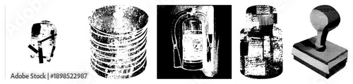 Classic fire safety device with nozzle, handle, and gauge, emergency tool, hazard control, extinguisher unit, black and white halftone graphic.