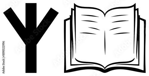 Alphabet letter Y symbol next to open book illustration, educational graphic, learning, typography element, study symbol, literacy design, school resource.