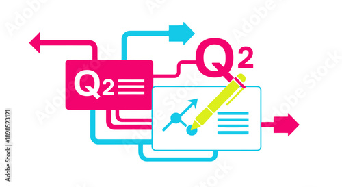 Q2 Second Quarter Business Review and Financial Reporting Analysis Icon. Corporate Strategy Planning, Performance Evaluation, and Data Flow Vector Illustration.