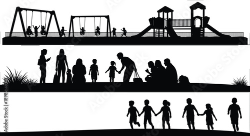 Black silhouettes of families and children at a playground and on grass park family