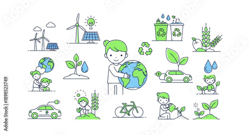 Child Holding Planet Earth Surrounded by Environmental Icons.