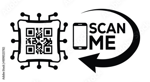 Black and white QR code with bold "SCAN ME" text, smartphone icon, and curved arrow—ideal for mobile interaction, digital marketing, and tech-themed promotional materials.