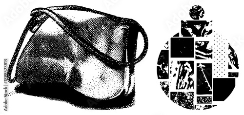 Retro leather satchel with shoulder strap, halftone shading, abstract geometric pendant, vintage fashion accessory, graphic design element.