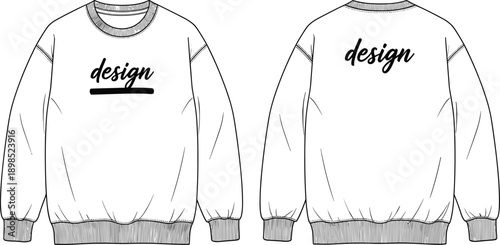 Front and back view sweatshirt mockup template with long sleeves, ribbed cuffs and collar, isolated on white background apparel fashion vector illustration