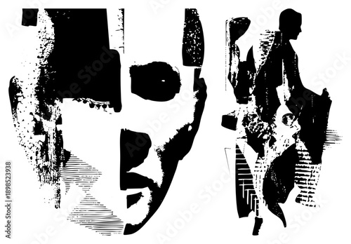 Stylized black and white portraits with fragmented halftone shading, graphic art, bold, expressive faces, vector illustration, artistic composition.