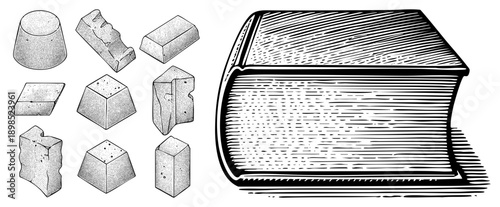 Set of abstract stone shapes including cylinders, cubes, and irregular fragments, alongside a curved log with wood grain texture, rendered in halftone style.