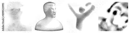 Stylized human figures rendered in halftone dots, profile views, graphic design elements, vector art, portraits, isolated figures.