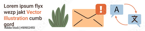 Digital communication, notifications, language translation, cross-cultural exchange, email alerts, content localization. Visual elements include an envelope, alert icon, and translation symbols