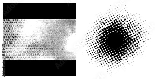 Vector halftone gradients using dot density variation, stippling technique, graphic design element, print art, digital illustration, texture.