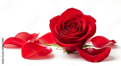 Beautiful red rose with petals scattered on white background