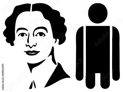 Black and white vector portrait of woman with curly hair and collared shirt, paired with minimalist human, flat design, graphic illustration.