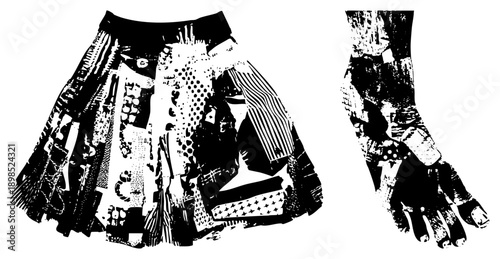 Fashion accessory set featuring skirt and fingerless glove, halftone style, punk aesthetic, black and white vector art, streetwear design.