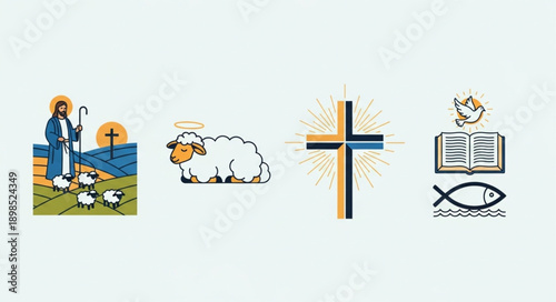 Christian Symbols Jesus Shepherd Sheep Cross Bible Fish Dove.