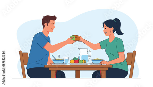 Couple sharing a meal together in a warm and inviting atmosphere at a dining table with healthy food.