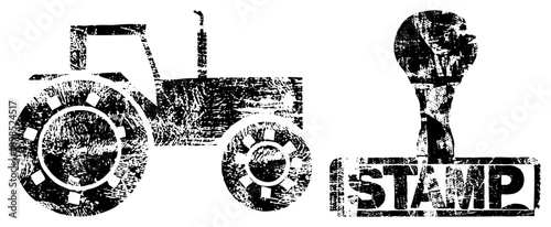 Agricultural tractor silhouette and rubber stamp graphic, rustic halftone style, farm equipment, ink impression design, vector art.