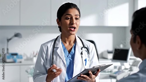 A female doctor in a white coat and stethoscope engages in a detailed discussion with a patient while holding a clipboard in a clean, modern medical office. 