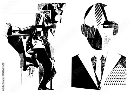 Geometric stylized portraits using halftone and sharp, abstract human figures, graphic design art, vector illustration, composition.