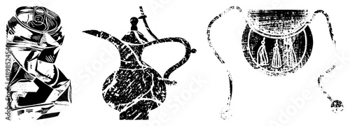 Stylized tea kettle, coffee pot, and tassel pouch rendered in bold halftone, graphic vector art, isolated objects with distressed texture, ideal for retro branding or print design.