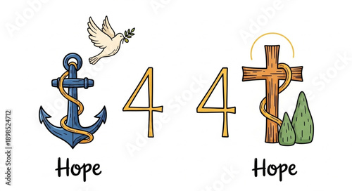 Christian symbols of hope anchor cross dove and numbers.