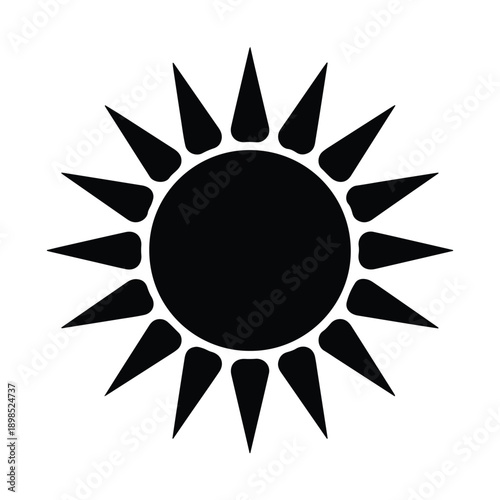 Simple black silhouette of the sun with radiating rays, isolated on white background