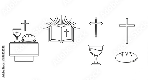 Christian Symbols Religious Icons Set Vector Illustration.