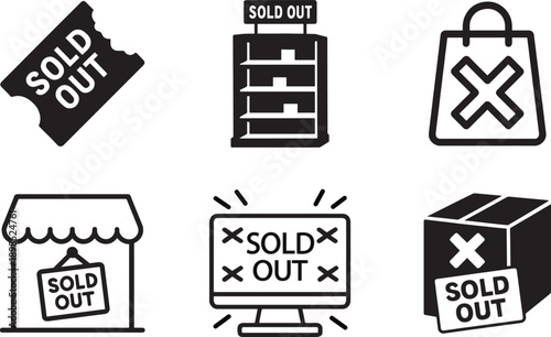 Sold out vector icon set with clear symbols for unavailable products, retail, and ecommerce design.
