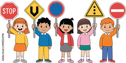 Cartoon Children Road Safety Vector Kids Holding Traffic Signs