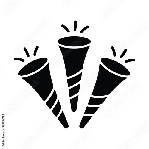 Three black party poppers blowing confetti, isolated on white background, vector illustration